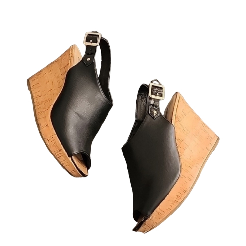 AEO AMERICAN EAGLE Slingback Cork Wedge Sandals 8.5 Pebbled Black Vegan Leather - Picture 3 of 16